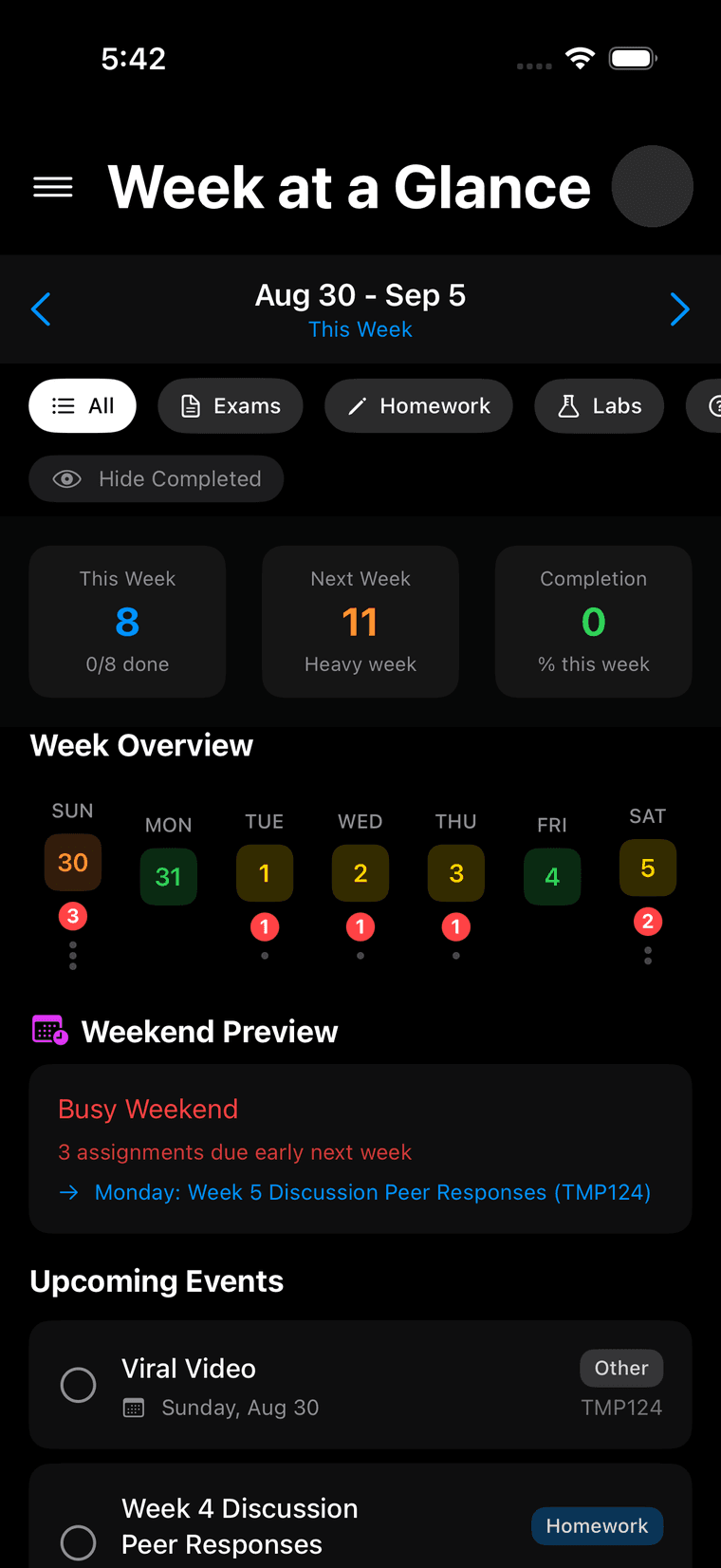 Plannr's Week at a Glance screen for 30 August to 5 September: 8 items due this week, 11 next week, and a strip of days, each with a count of what is due.