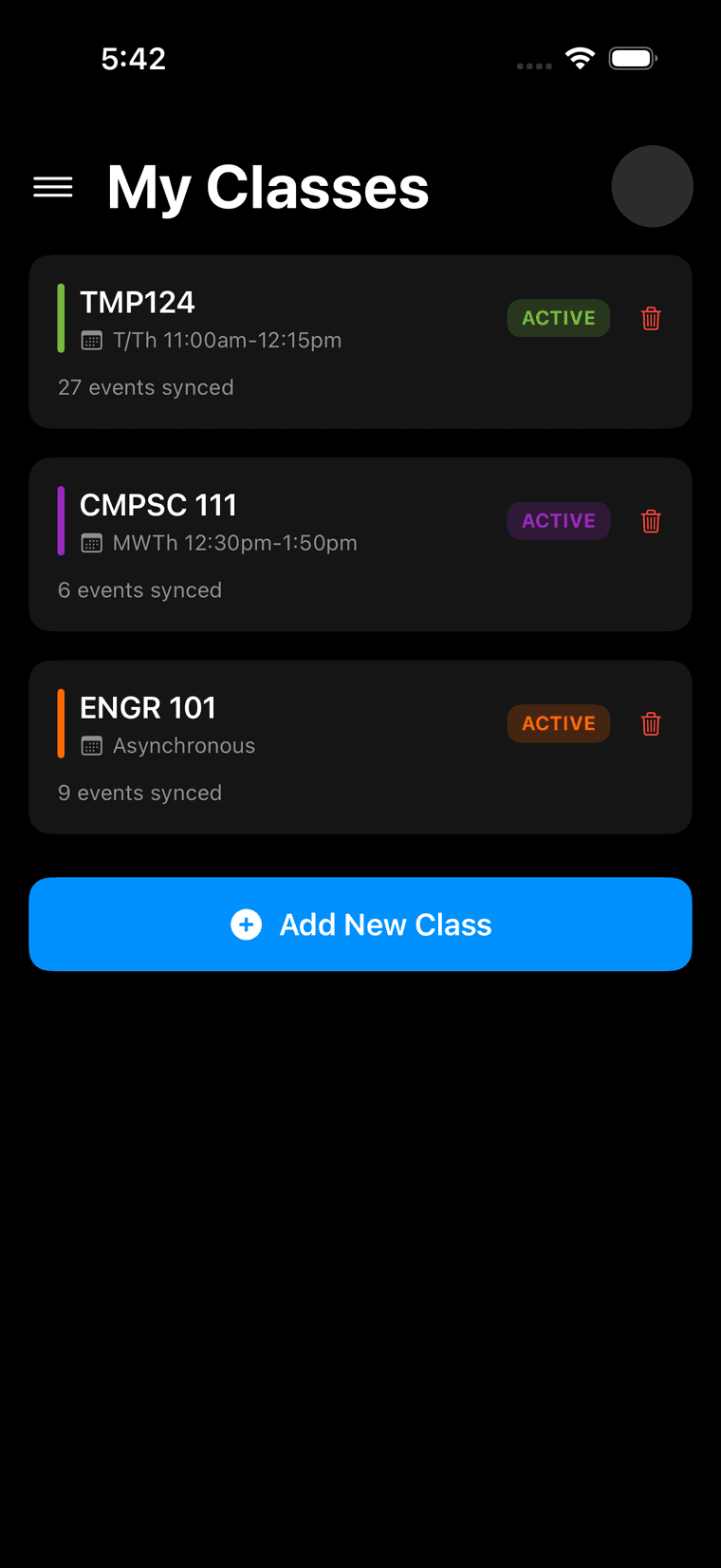 Plannr's My Classes screen, cropped: three classes, TMP124 with 27 events synced, CMPSC 111 with 6, and ENGR 101 with 9, each with its own colour bar and an Active tag, above an Add New Class button.